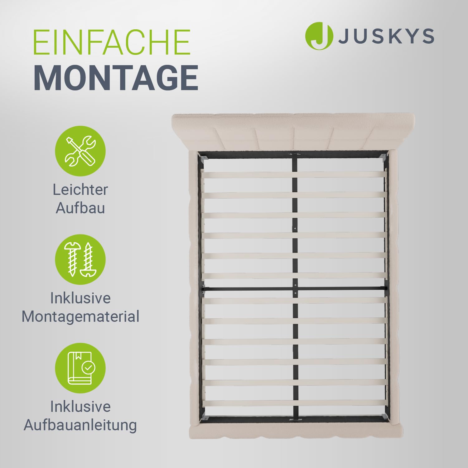 Juskys Polsterbett Florenz 140 x 200 cm mit Matratze – Bouclé, modernes Bett mit Kopf- & Fußteil, stabilem Holz- & Metallrahmen, Lattenrost, 500 kg Tragkraft – Beige