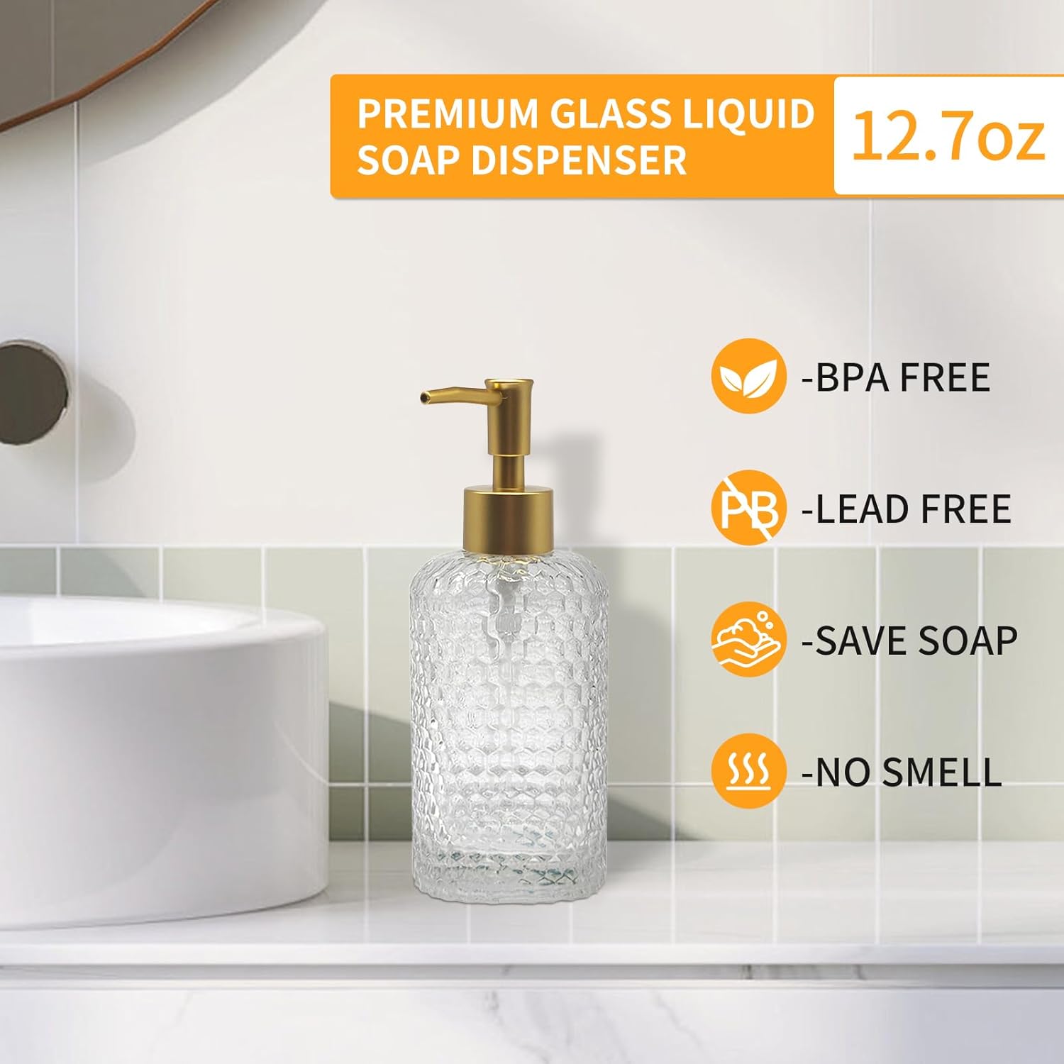 Glass Hand Soap Dispenser Bathroom, Refillable Liquid 12.7oz Soap Dispenser with Rust-Proof Plastic Pump for Kitchen - Image 4
