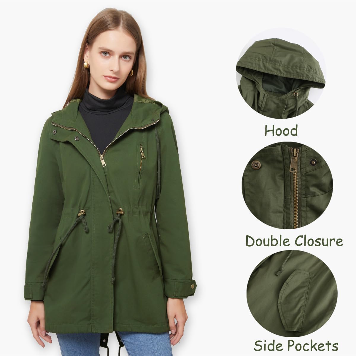 Damen Casual Leichtgewicht Militär Jacken Anorak Utility hohe Taille Drawstring Zip Up Hood Mantel