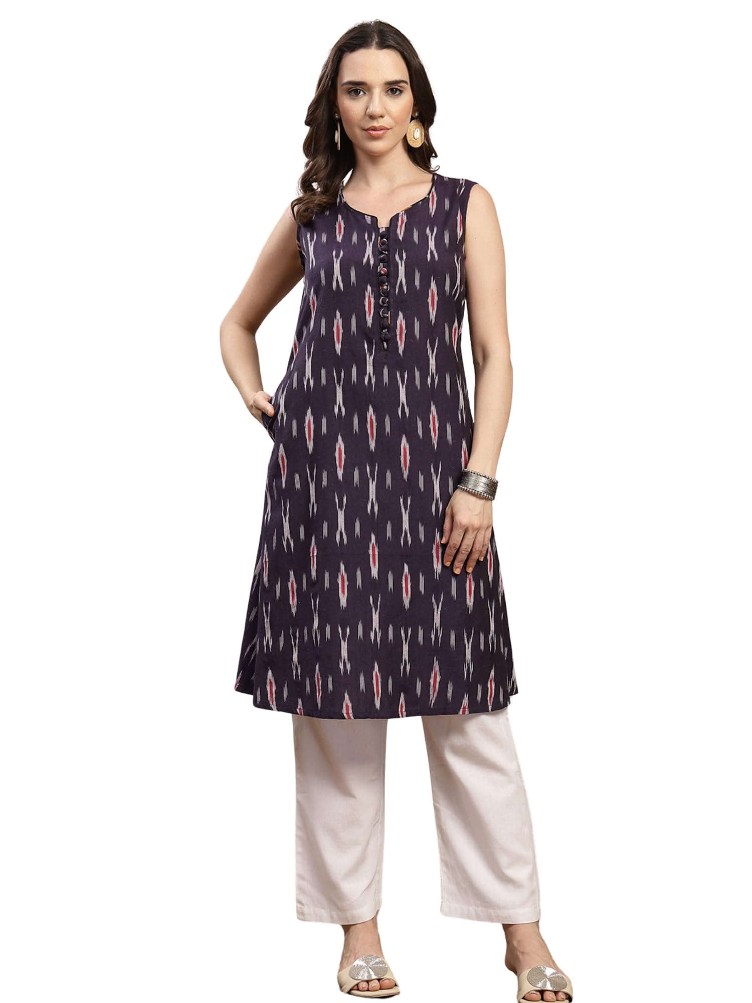 zelena Ikat Cotton Sleeveless Maternity Kurta | Nursing & Feeding Friendly Kurta with Front Button Access | Breathable Pregnancy & Postpartum Knee Length Kurta for Women-picture-17