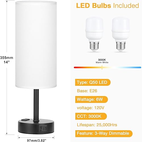 Miniatura 4 de Juego de lámparas blancas para dormitorio, lámparas de mesa táctiles regulables de 2 a 3 vías con puertos USB C y A, lámparas de noche para mesita