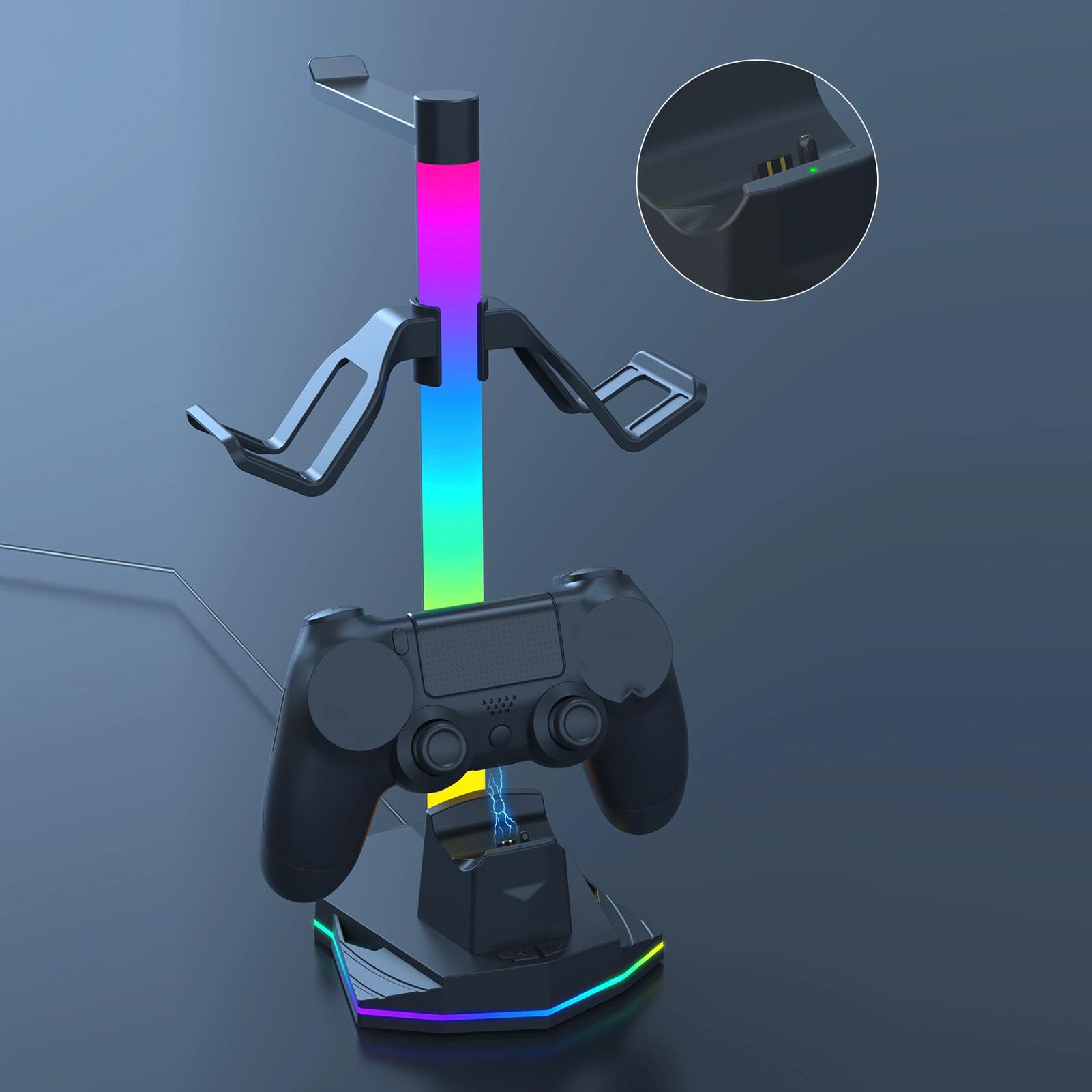 Supporto di Ricarica per Controller di Gioco 3 in 1, Supporto per Cuffie RGB con 2 Porte USB 2.0 e 1 Porta USB C, 4 modalità di Illuminazione, Gancio per Auricolari per Riporre
