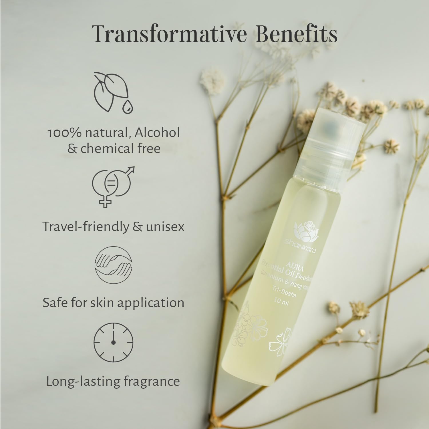 Shankara Aura Roll-On Oil Deodorant for Men and Women, with Pure Essential Oils Geranium and Ylang Ylang, Suitable for All Skin Types - Chemical-Free, Alcohol-Free Natural Aromatherapy Fragrance for Long-Lasting Freshness (10ml) 2