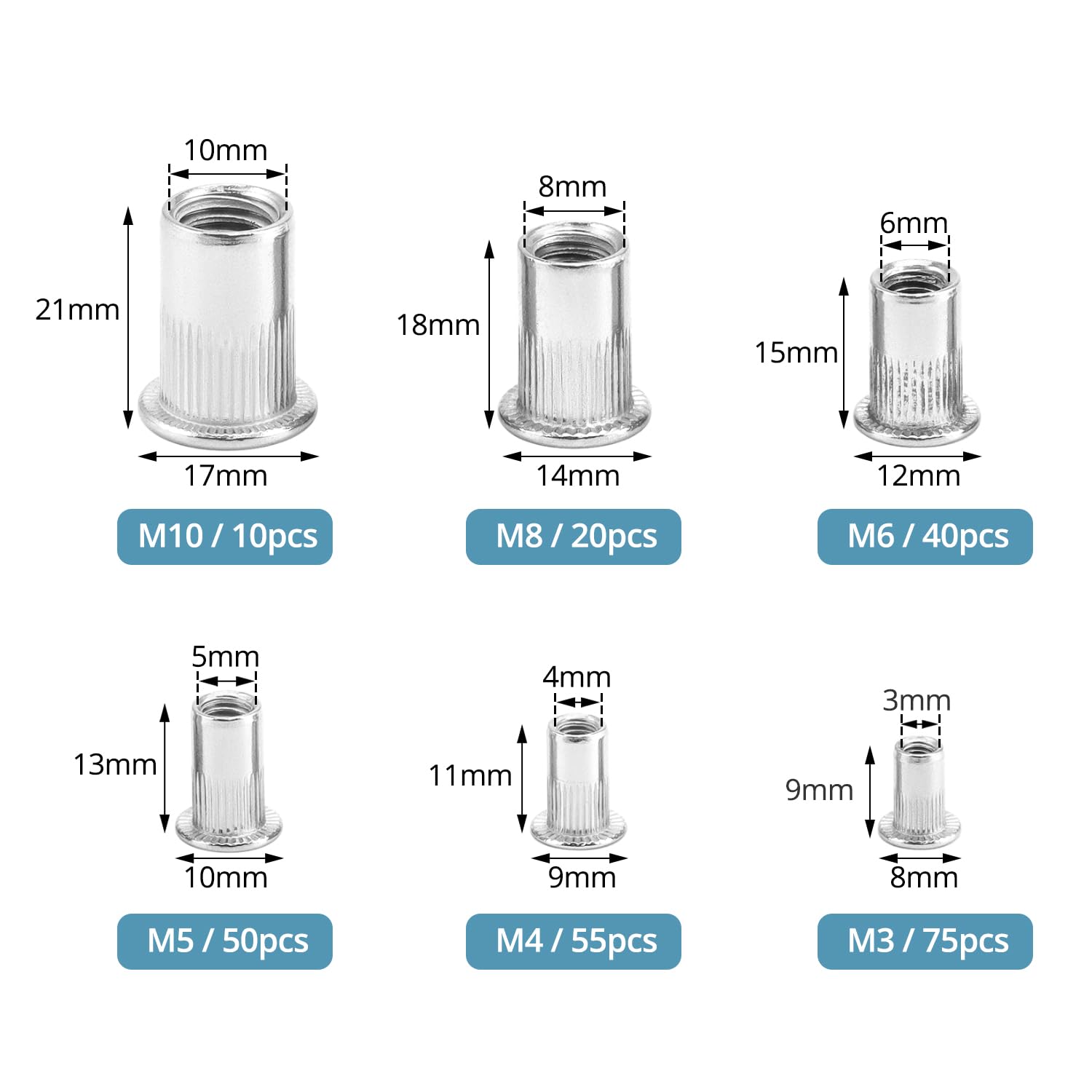 QWORK® Lot de 250 écrous à rivets en acier inoxydable 304, 6 tailles, M3 M4 M5 M6 M8 M10
