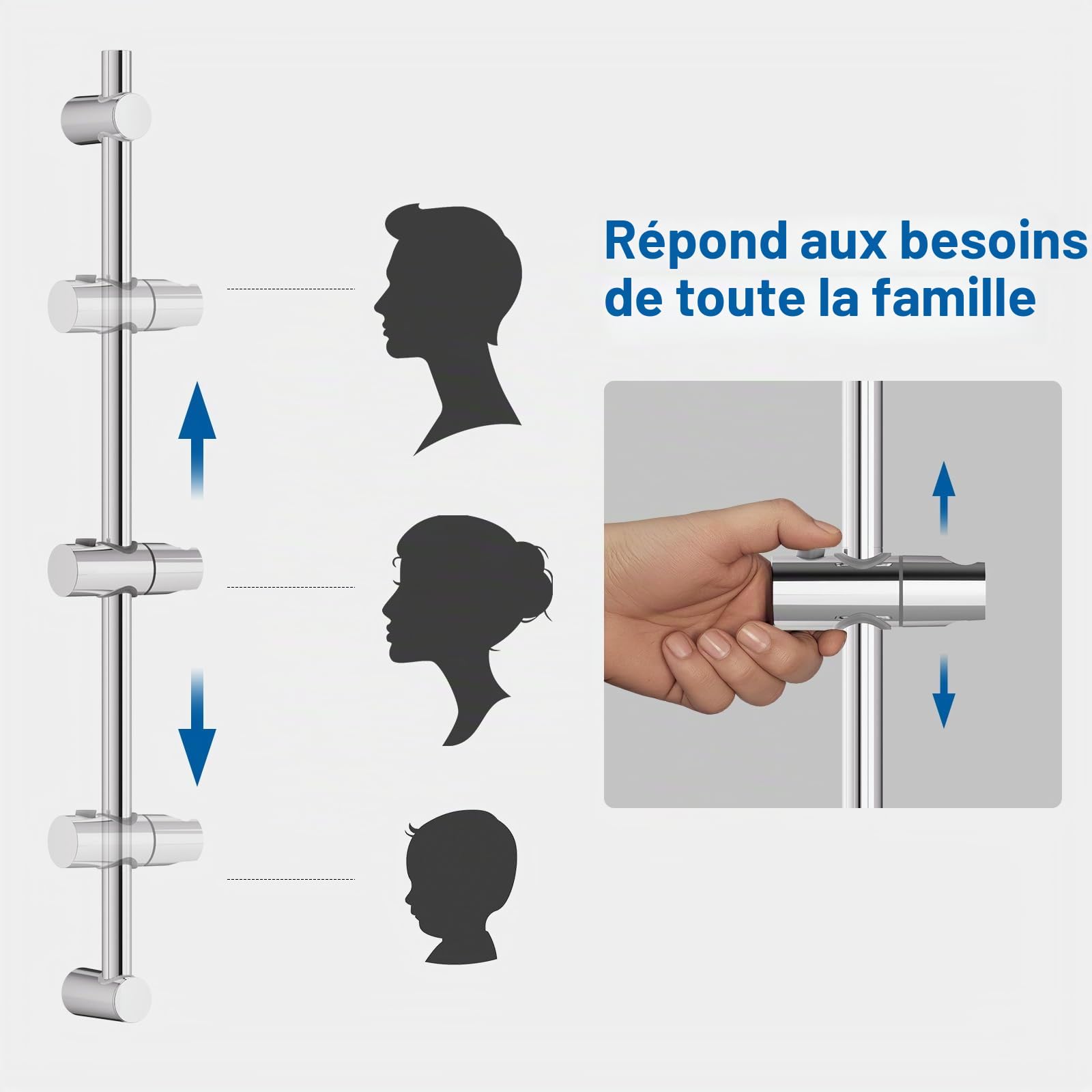 Auralum Barre de Douche 70 cm Inox Argent Support Douchette Réglable 360°Pivotant Fixation Murale par Perçage, Compatible Ø22 mm Universel