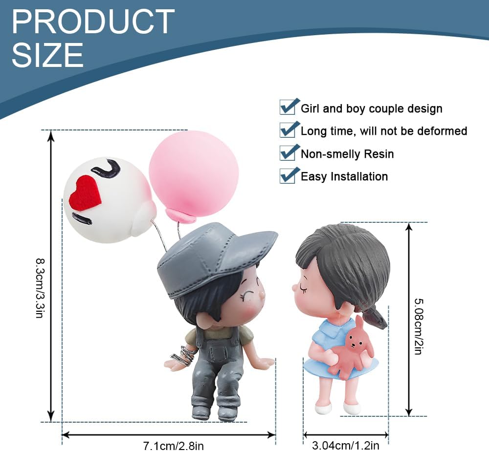 Cute Couple Car Dashboard Decorations, Car Ornament, Adorable Lovers Figurine Auto Ornament with Balloon, Lovely Cartoon Couples Decor Car Accessories for Vehicles Home Office (Grey)