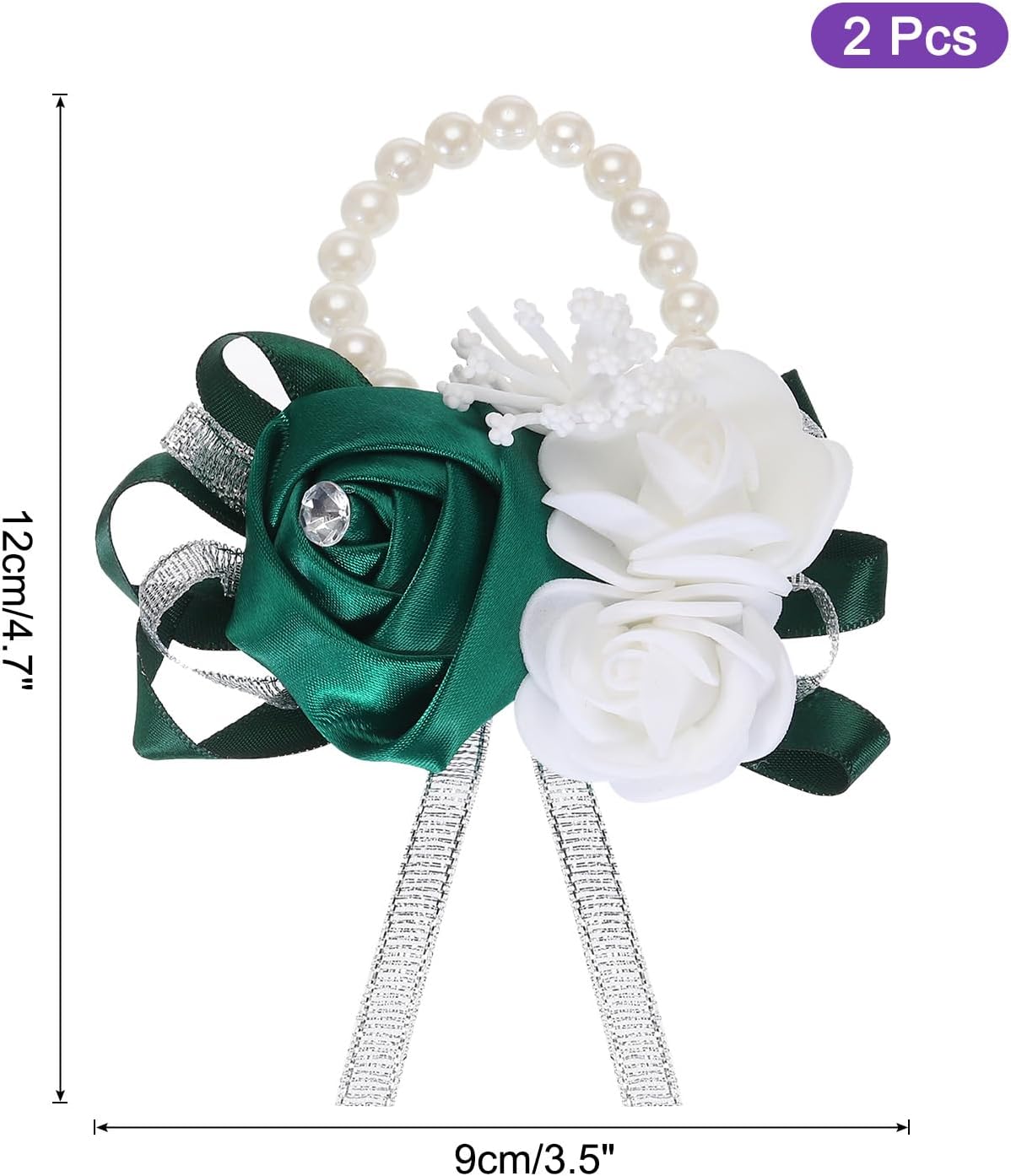 MECCANIXITY Wrist Corsage Artificial Flower Bracelets Pack of 2 Rose Wrist Bride Groom Decorative for Wedding Ceremony Prom Party Anniversary Dark Green