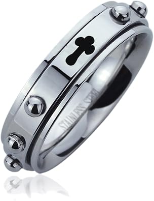 6MM Mens Womens Stainless Steel Rosary with Cross Spinner Ring Praying Wedding Bands