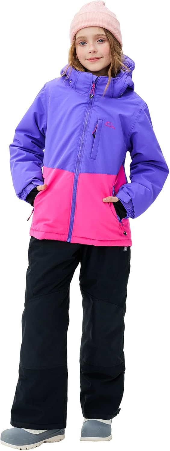 Girls Boys Ski Suit Kids Snowsuits Waterproof Snowboard Elastic Hood Jacket with Bib Pants, Windproof Winter Warmth(6-7 Years,Violet Pink)