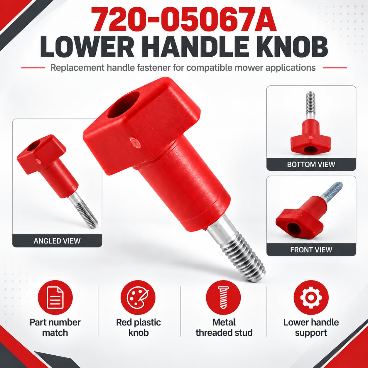 720-05067A Red Wing Nut Lower Handle Knob, 1/4-20 x 1.73-Inch Replacement for MTD Troy-Bilt Cub Cadet Craftsman Bolens Remington Ryobi Yardman Lawn Mower Handle Fastener Service Parts