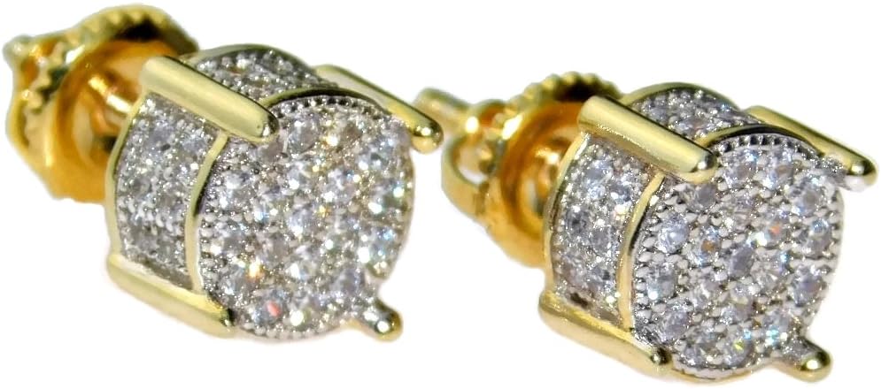 Mens CZ Micro Pave Earrings Set Two Tone Gold Plated Round Iced Micropave Screw Back