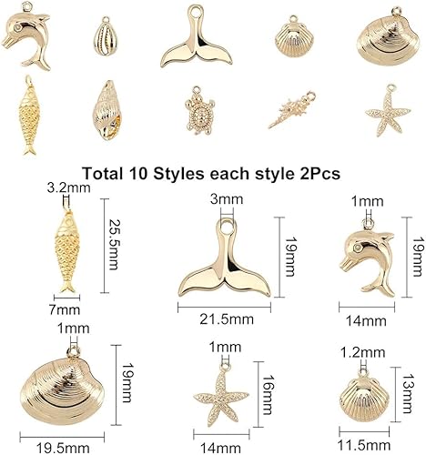 Miniatura 2 de SUNNYCLUE 1 caja de 10 estilos reales chapados en oro de 18 quilates con temática oceánica, dijes de animales marinos, conchas, estrellas de mar,