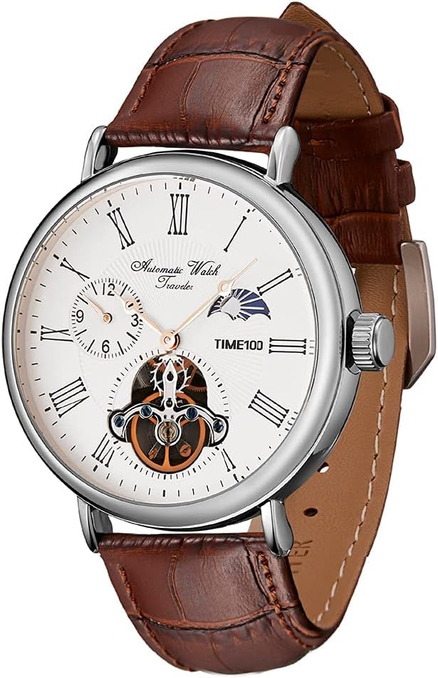 Men's Automatic Watch Navigator-Series Tourbillon-Style Dual Time Zone Business Calendar Mechanical Watch Leather Strap