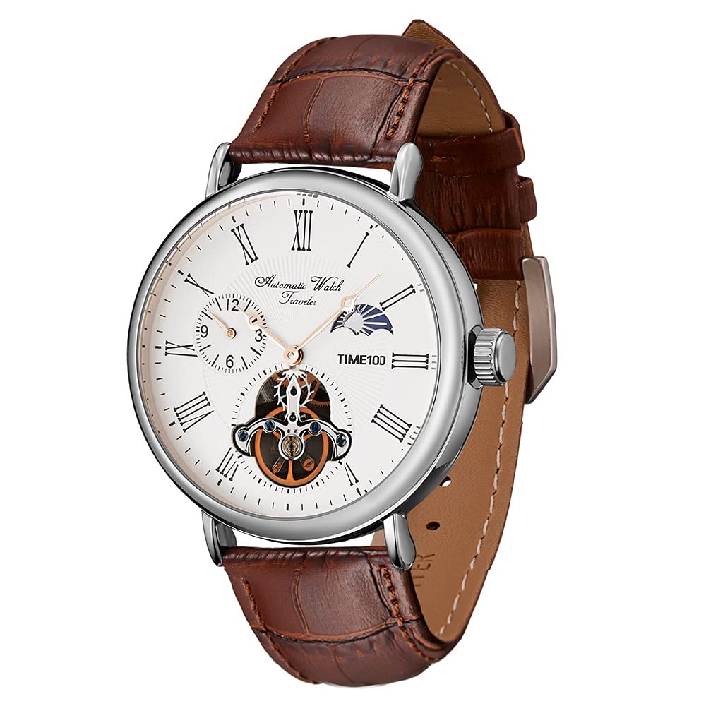 TIME100Men's Automatic Watch Navigator-Series Tourbillon-Style Dual Time Zone Business Calendar Mechanical Watch Leather Strap