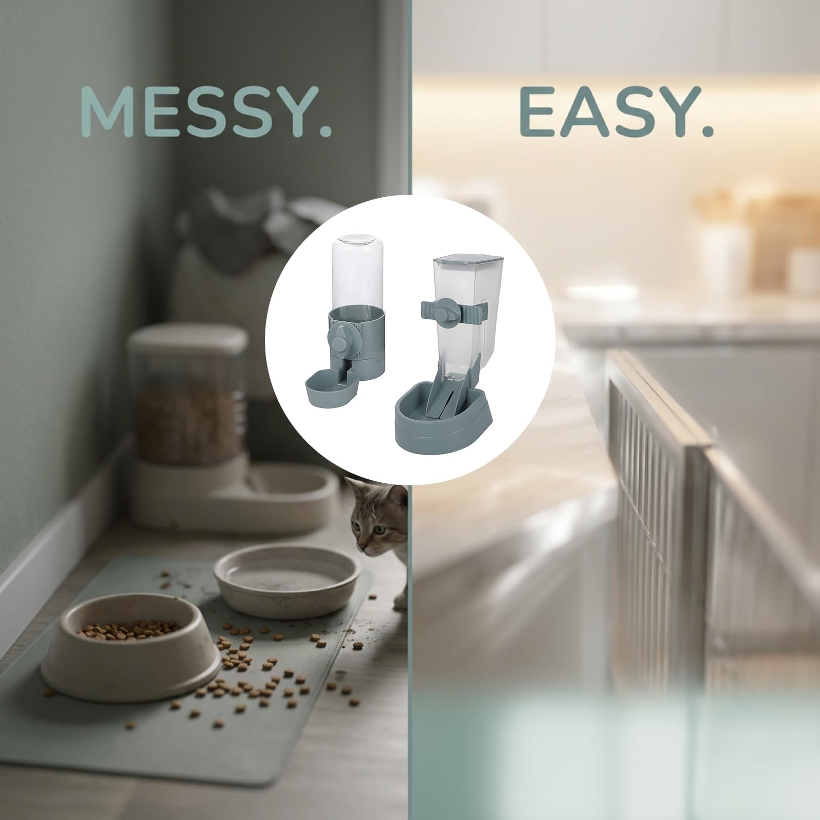 Dispensador automático de agua para alimentos, comedero automático para jaula de mascotas, dispensador de alimentos de 1 litro y bebedero de 17 onzas, juego de cuencos colgantes para conejo, gato
