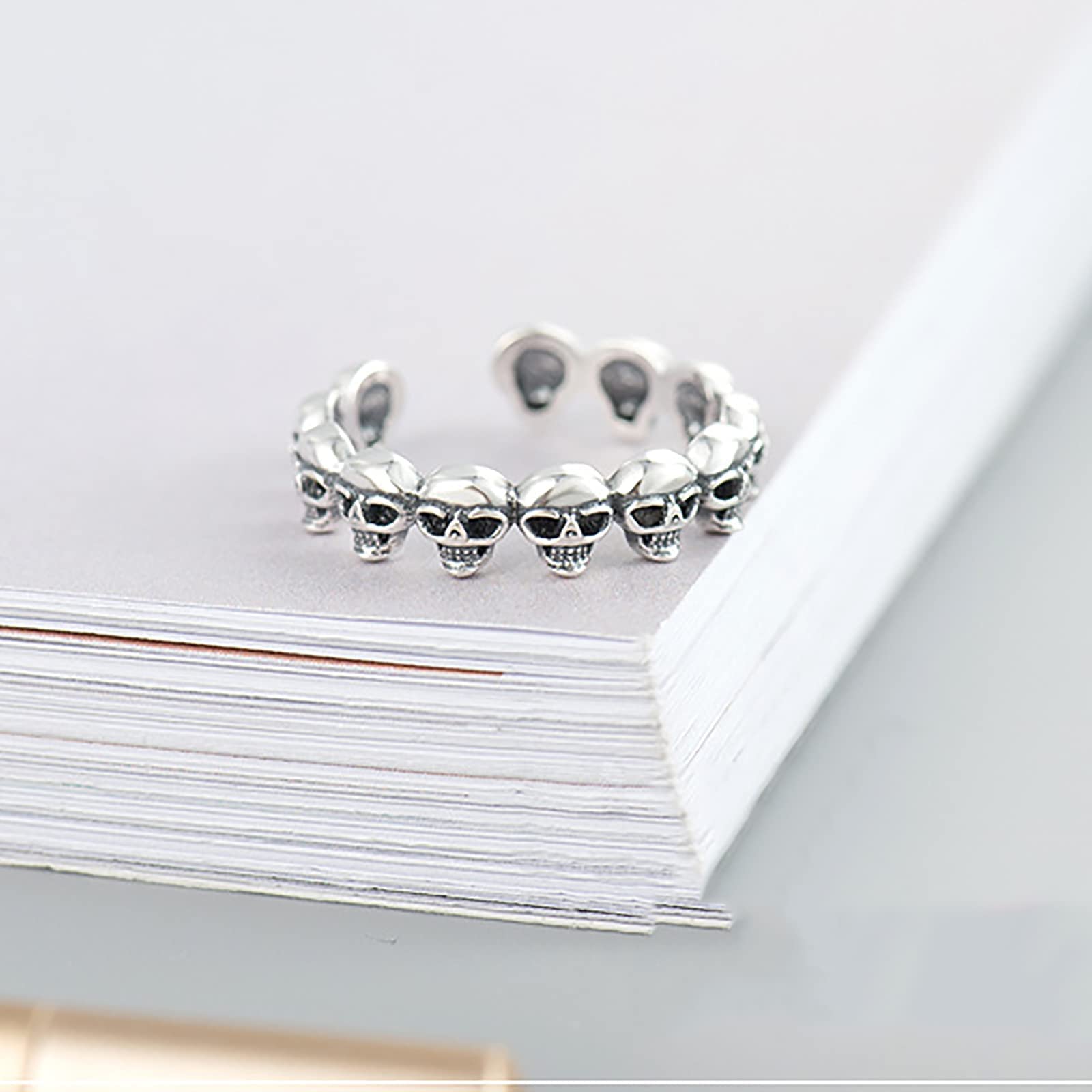 HHRFCS S925 Sterling Skelett Ring Retro Gothic Totenkopf Skelett Offene verstellbare Daumenringe Schmuck Geschenke für Frauen Weihnachten Halloween,