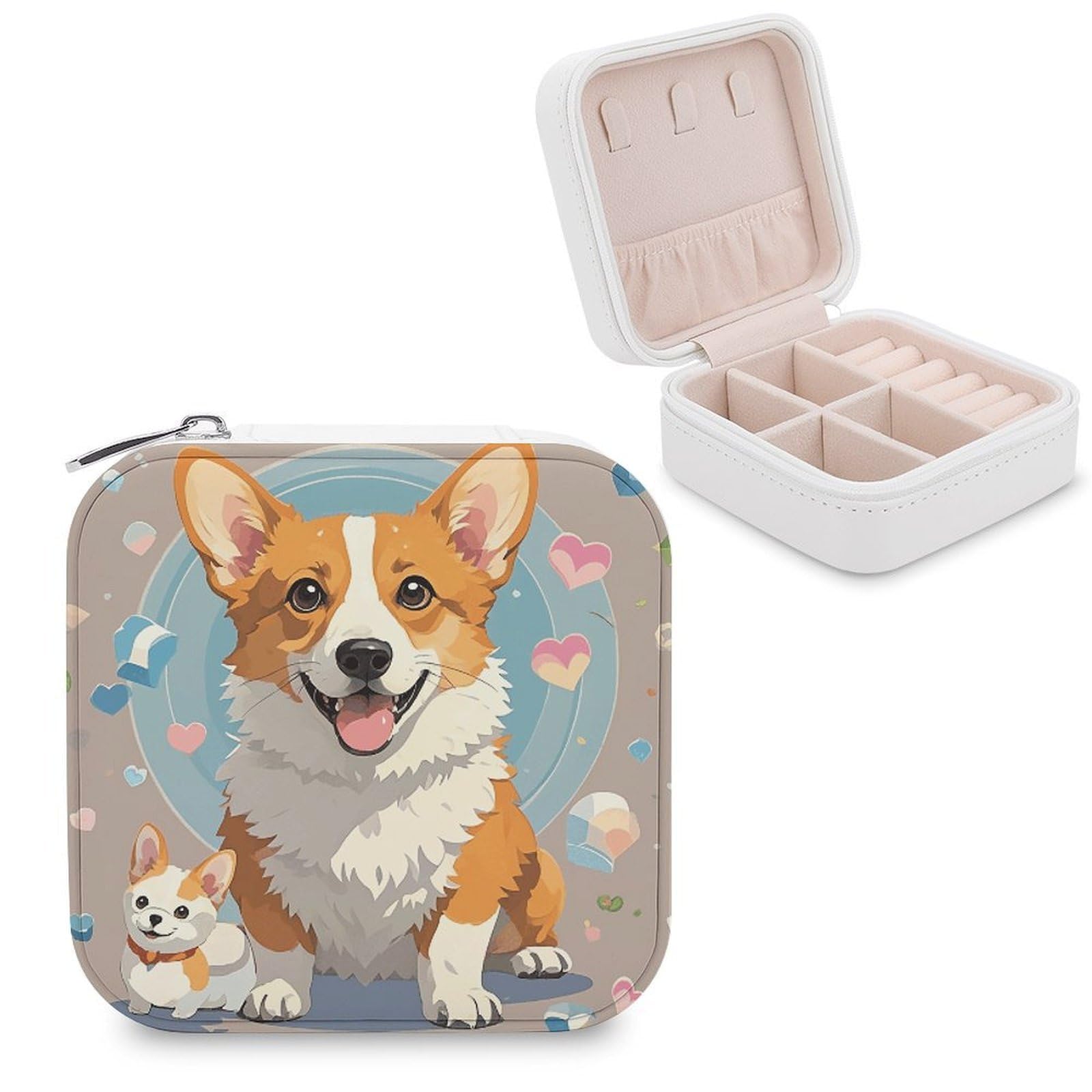 VstaDank Cute Corgi Dog Illustration Jewelry Box for Women Jewelry Organizer Storage Case with Zipper Mini Travel Jewelry Case Cute Trinket Organizer Leather Portable Jewelry Storage Box