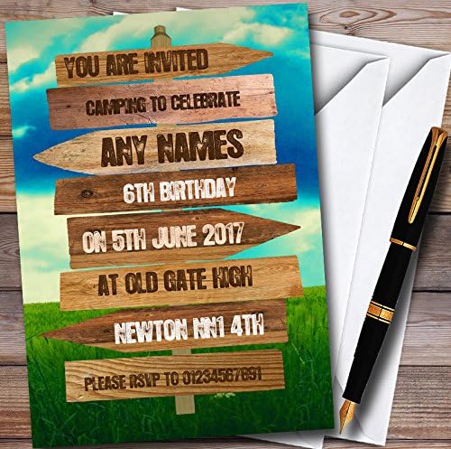 Rustic Wooden Signpost Camping Personalized Childrens Party Invitations