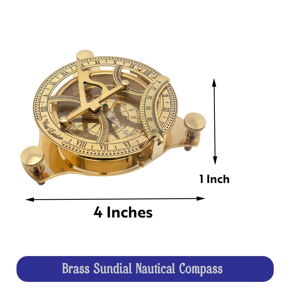 Bussola Sundial in ottone con scatola di legno, design antico, strumento nautico