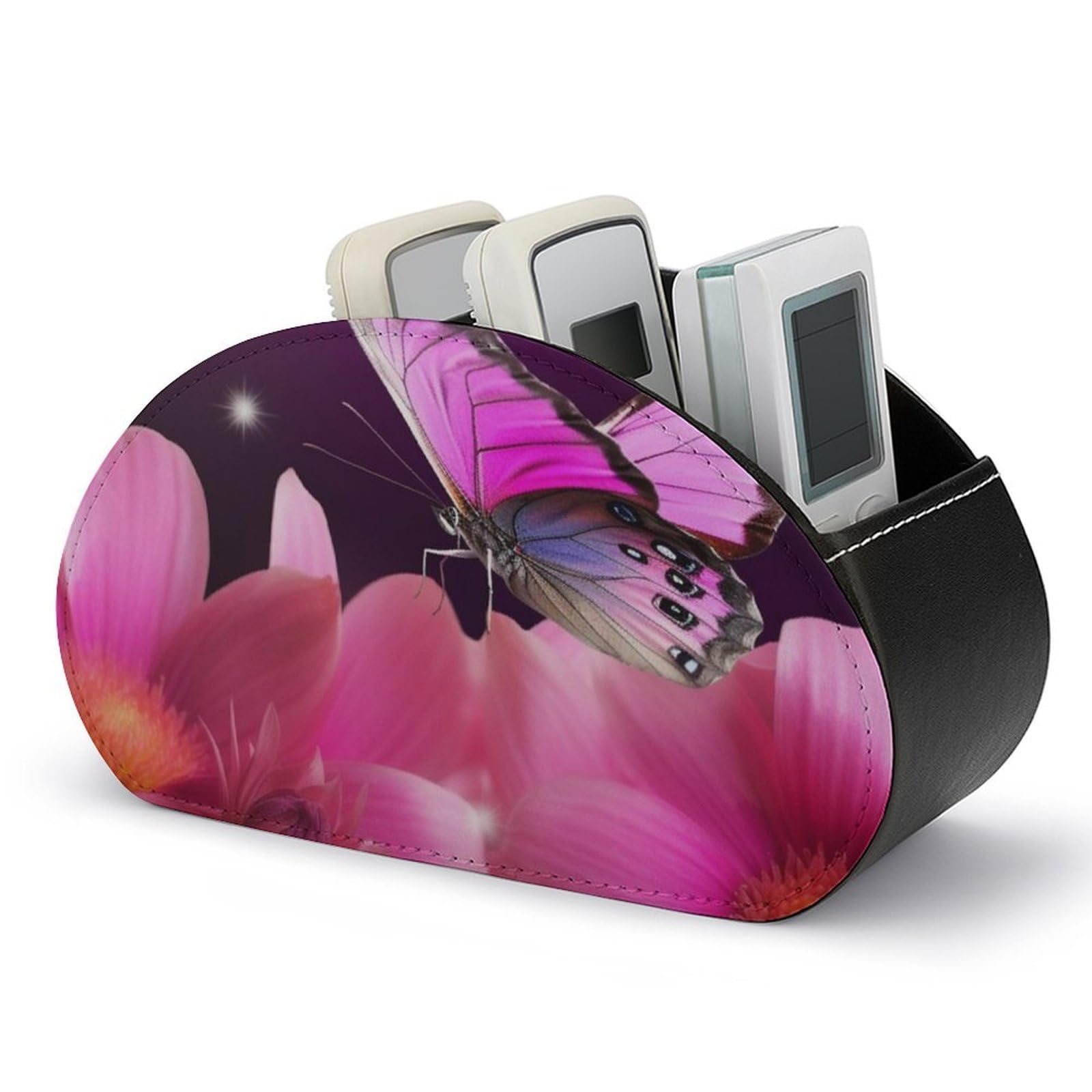 NTVOWPZO Flower And Butterfly Remote Control Holder with 5 Compartment Organizer Box, Leather TV Remote Holder Organizer Caddy for Table, PU Leather Remote Box for Nightstand Office Desk Storage Box