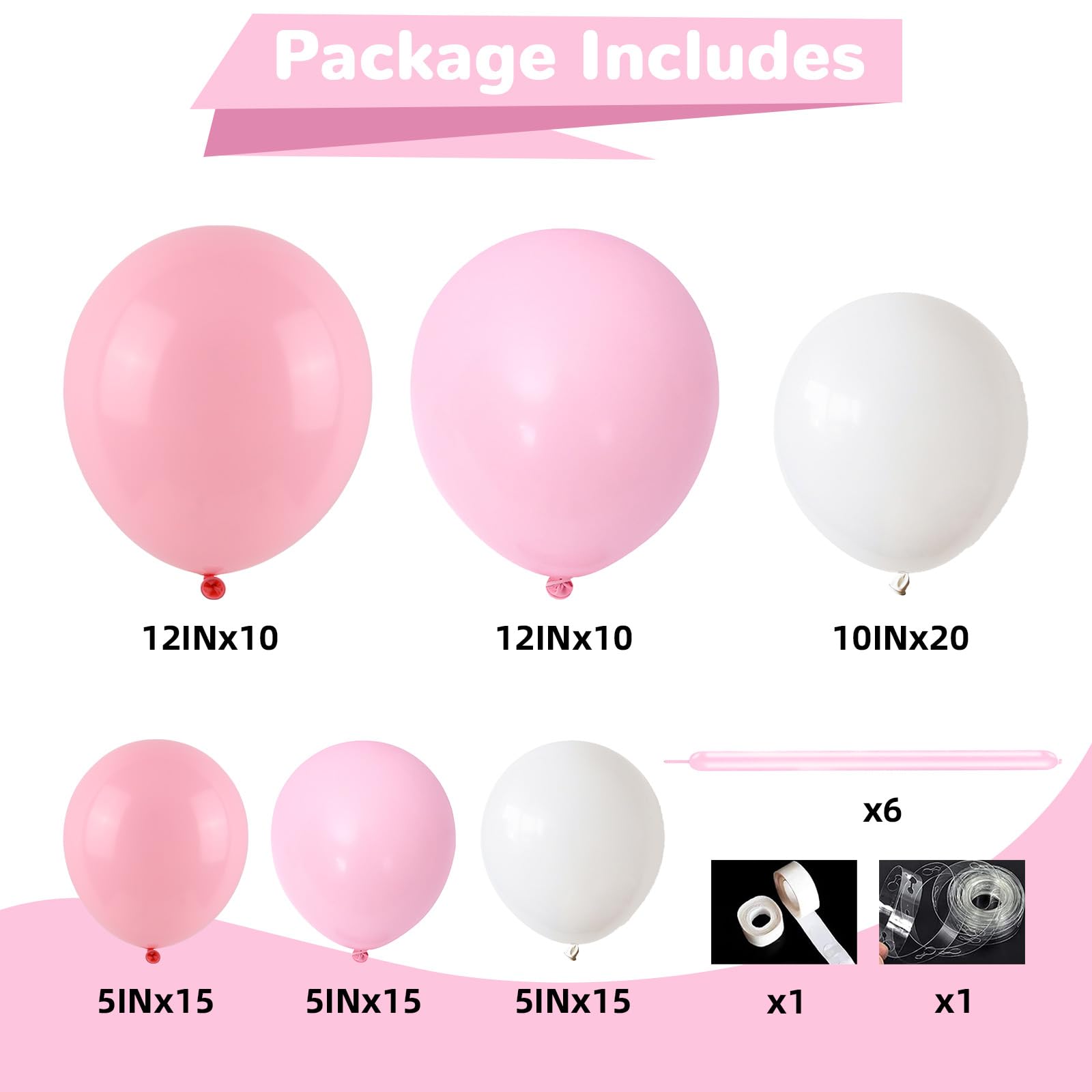 HILAVO Zestaw łuków balonowych z różowymi i białymi balonami, girlanda, 91 szt., , dekoracja urodzinowa, biały, pastelowy, jasnoróżowy, kokarda, balon dla dziewcząt, księżniczki, na baby