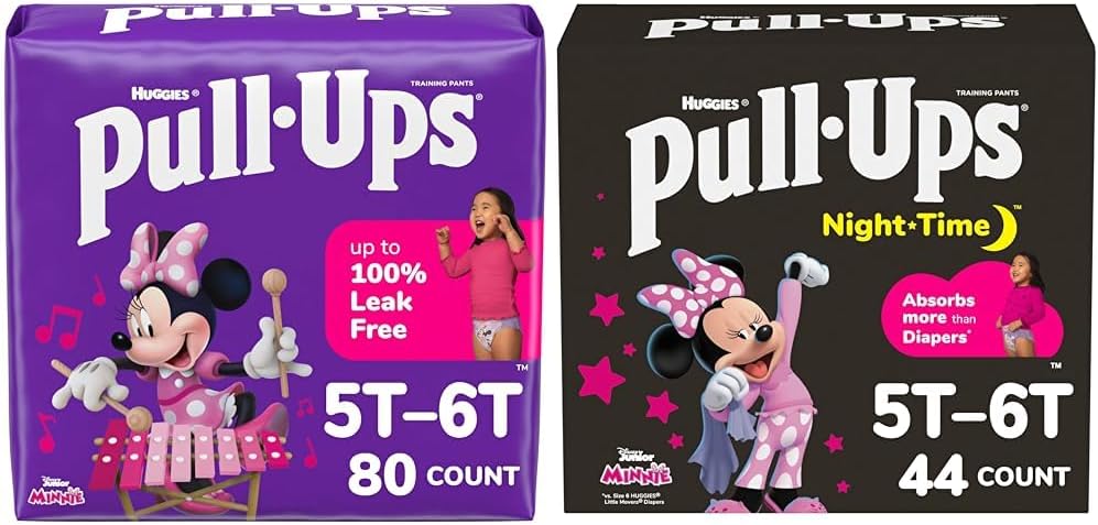 Bundle of Pull-Ups Girls' Potty Training Pants, Size 5T-6T Training Underwear (46+ lbs), 80 Count (2 Packs of 40) + Pull-Ups Girls' Night-Time Potty Training Pants, Size 5T-6T (46-60 lbs), 44 Ct