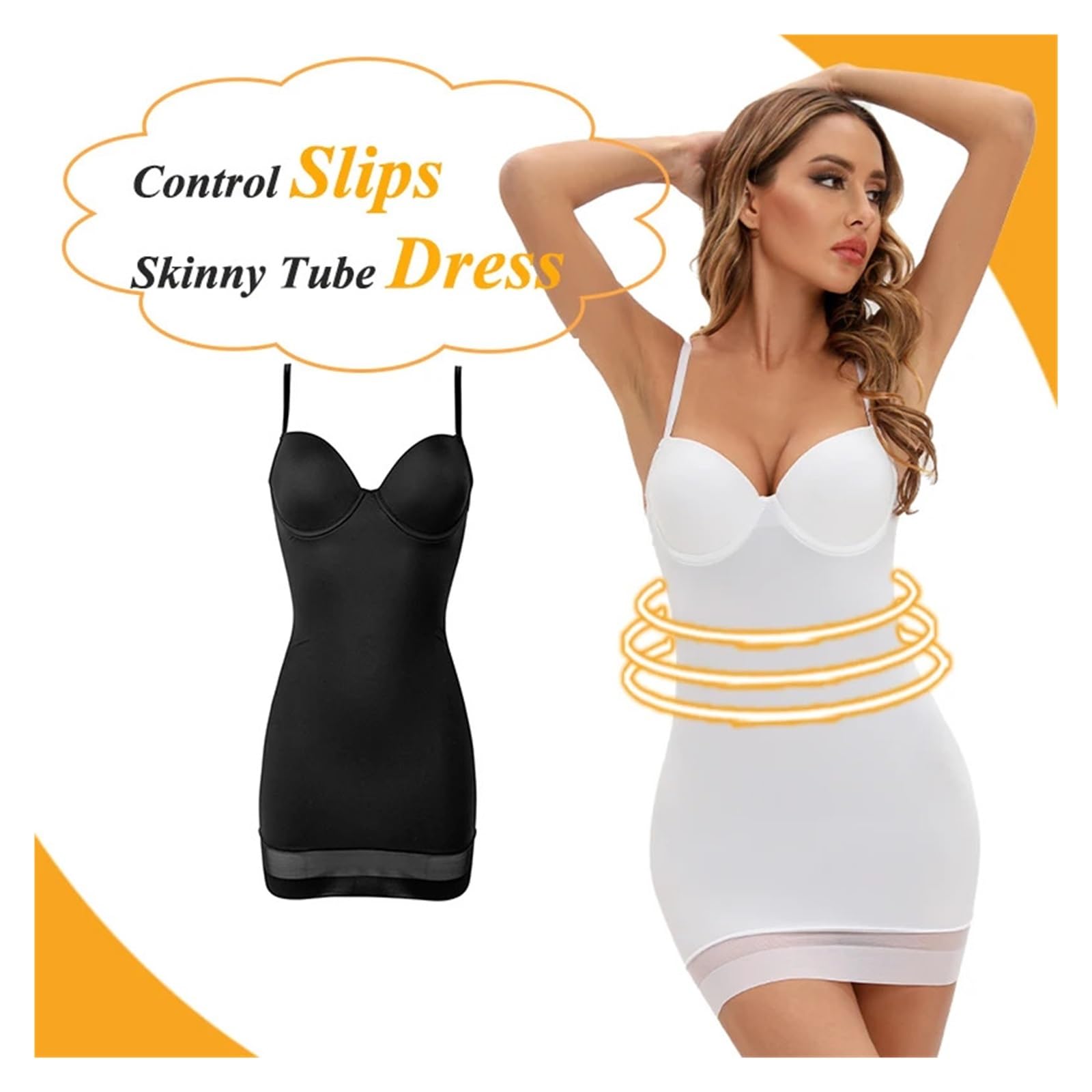 Vestido Moldeador Vestido Blanco con Tirantes, Ropa Interior for Mujer, de Malla, con Control, for Fiesta, con Aros, Minifalda de Tubo, Vestido Interior Corto.(White Dress,S)