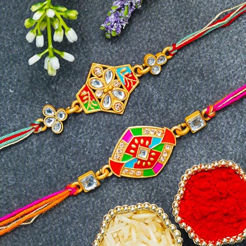 Image of eCraftIndia Set of 2 Multicolor Kundan Rakhis | Best Bro Ever Fridge Magnet | Roli Chawal Pack | Designer Rakhi for Brother Bhaiya Bhai Bhabhi Kids