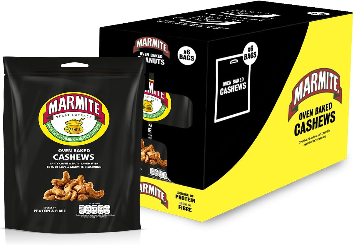 Marmite Oven Baked Cashews - Vegan Savoury Healthy Snacks, 173 kcals per Portion, Source of B Vitamins - 6 x 100g Sharing Bags
