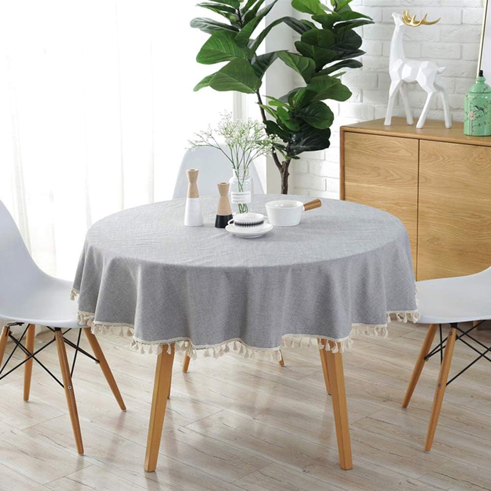 Hottest Sales Amzali Washable Solid Color Tassel Tablecloth Cotton Linen Dust-Proof Table Cover for Kitchen Dinning Tabletop Cloth Decoration (Round 60 Inch, Light Gray)