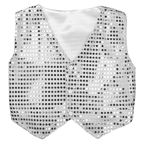 inhzoy Kids Boys Girls Shiny Sequins Jazz Disco Dance Costume Vest Top Waistcoat for Stage Performance Fancy Show Silver 9-10 Years Cover