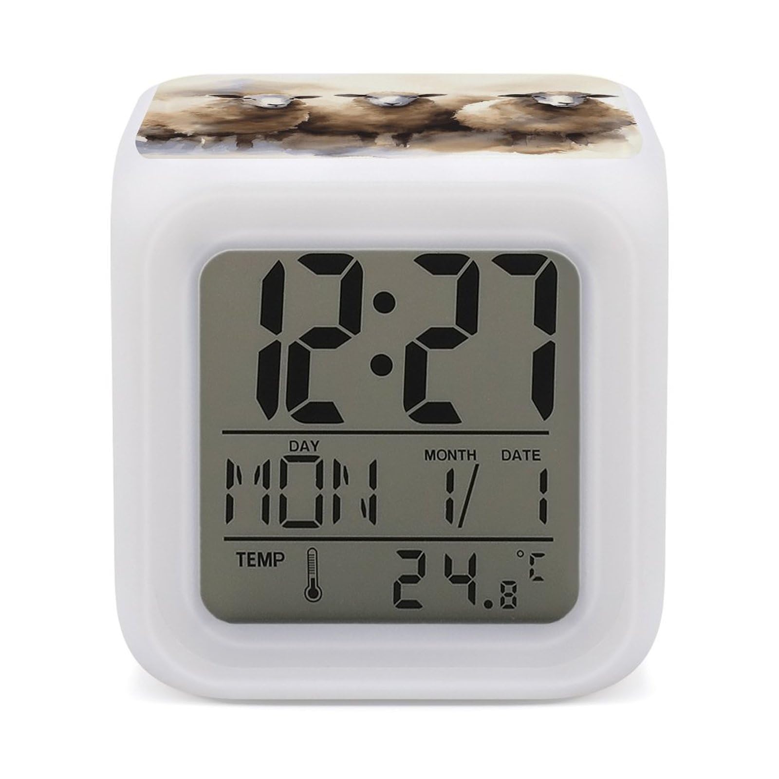 DWVTSLH Sheeps Watercolor Alarm Clock with 7 Color Changing Night Light, Wake Up Digital Clock for Bedroom, Bedside Cube Clock with Date, Temperature, Battery Operated Desk Clock Gift