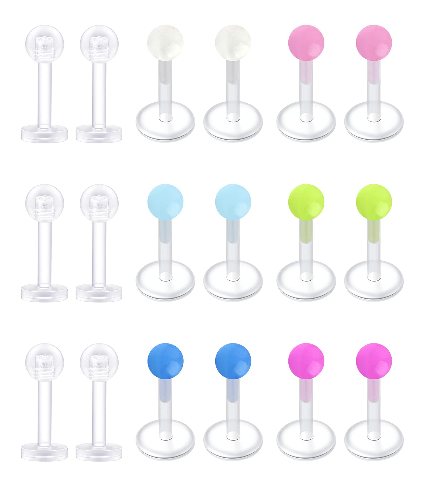 D.Bella Clear Cartilage Earring-20pcs 16G Clear Acrylic Bioflex Tragus Retainer Lip Rings Nose Studs Labret Ear Helix Earring Clear 10mm