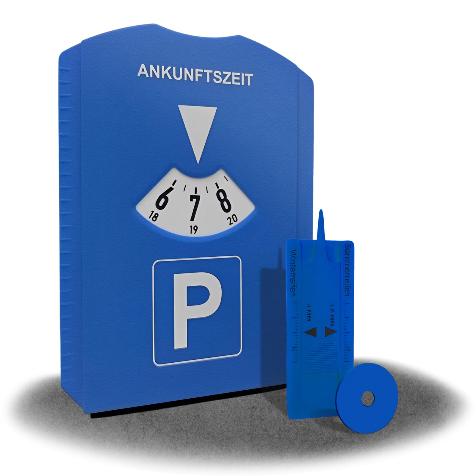 kinoco Parkscheibe mit Eiskratzer - 2 in 1 Parkuhr für Auto und Motorrad INKL. Reifenprofilmesser + Einkaufswagen-Chip | Winter Eiskratzer & Profiltiefenmesser