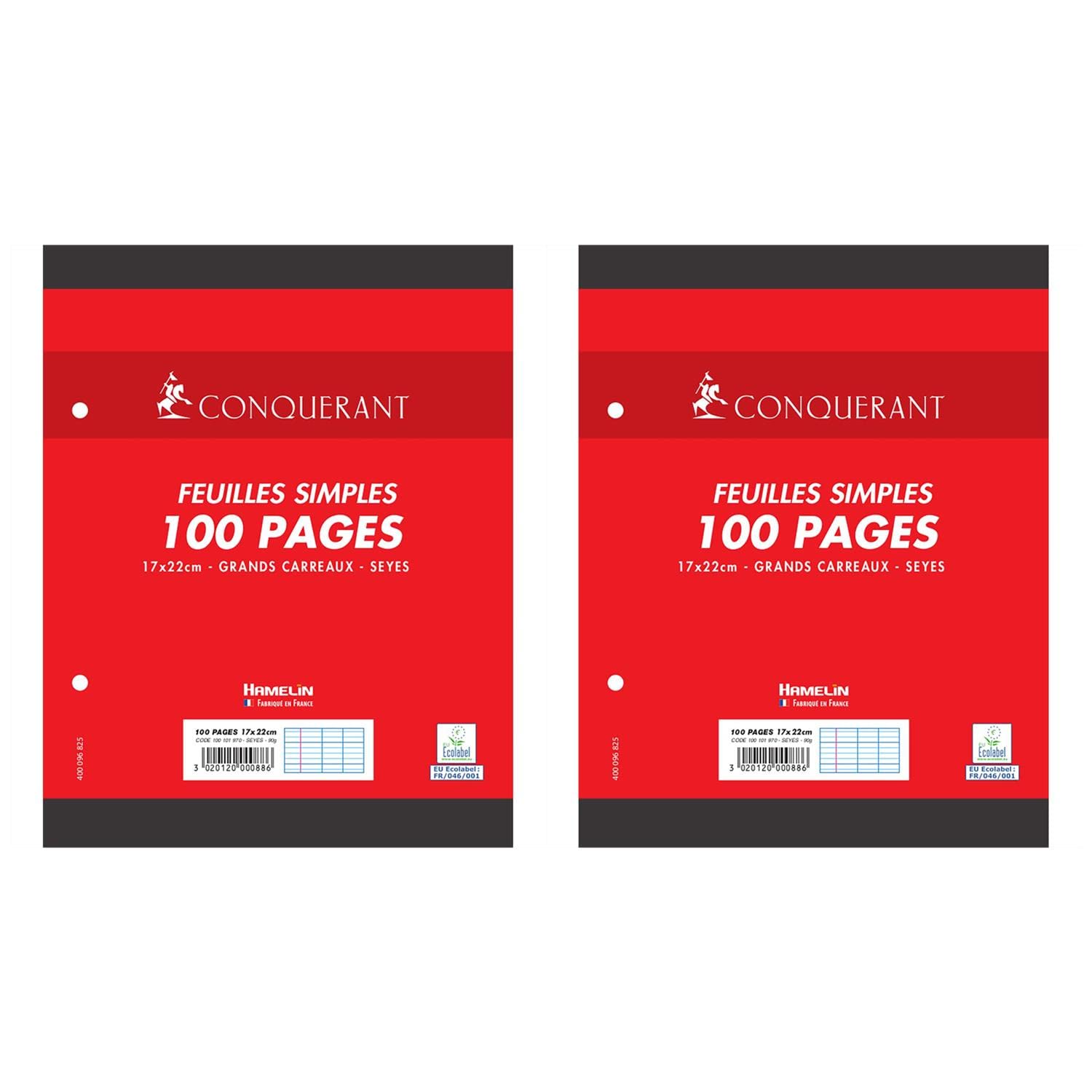 CONQUÉRANT Lot de 2 Feuilles Simples 17x22cm 100 Pages 90G Grands Carreaux Sous Film Blanches