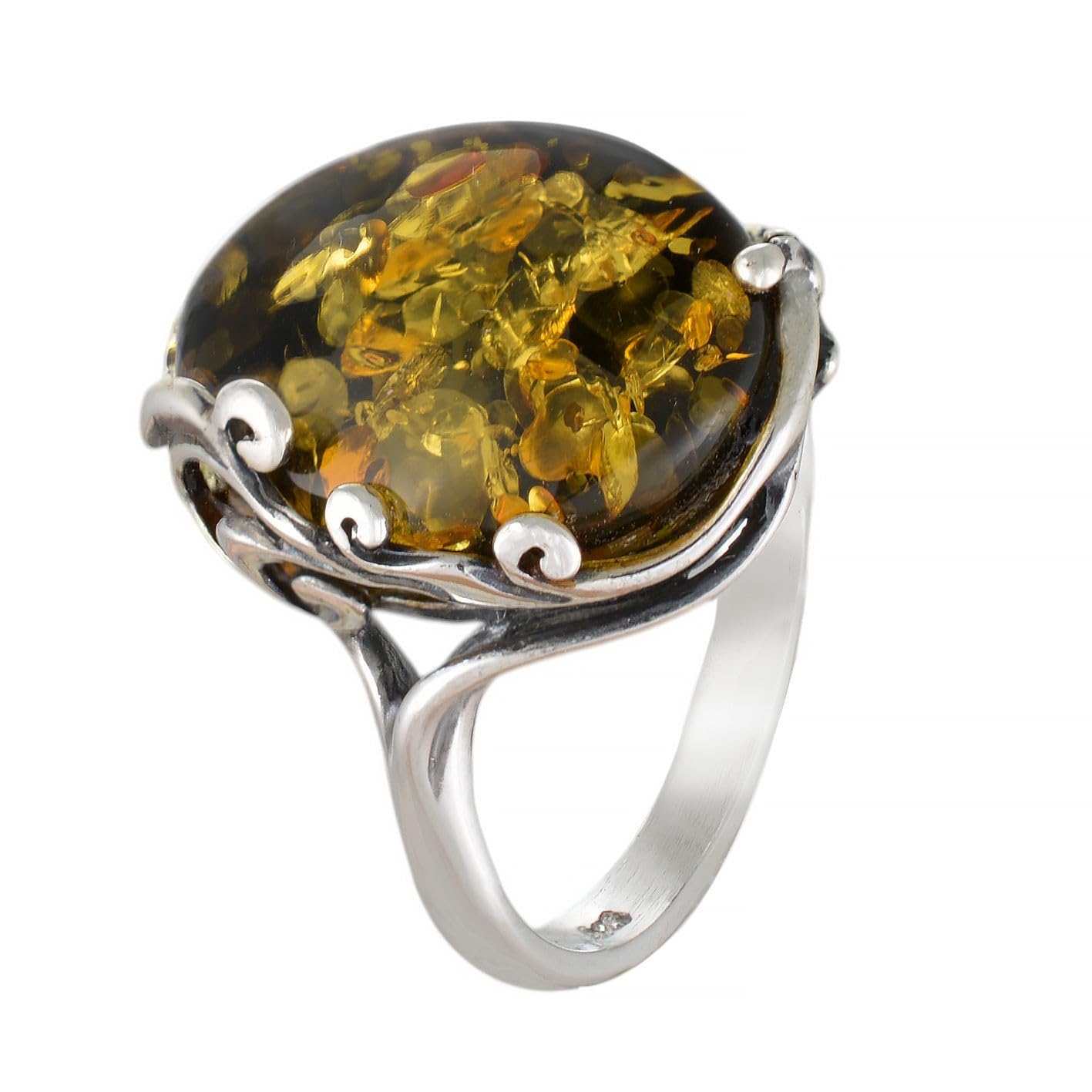 Bague en argent sterling et ambre vert baltique "Dana" - taille 7,5