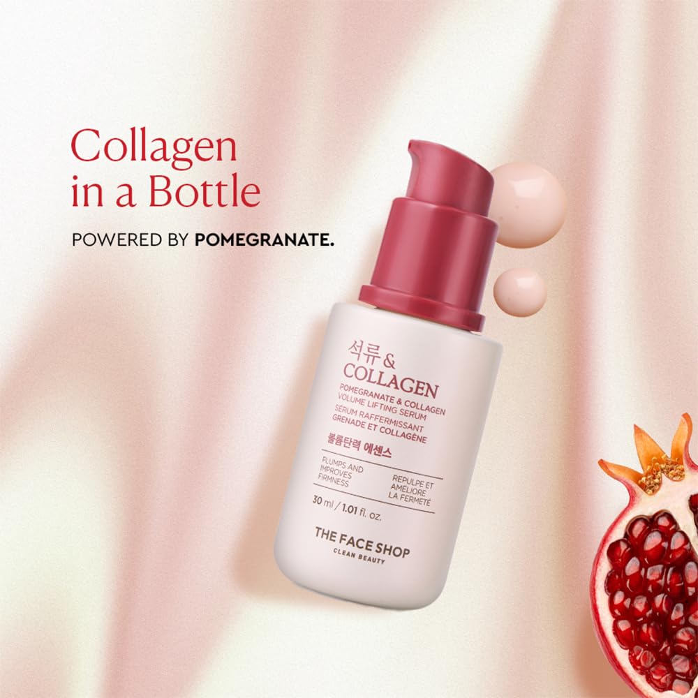 The Face Shop Collagen & Pomegranate Volume Lifting Face Serum | With 10% Marine Collagen & Hyaluronic Acid for Firming, Wrinkle Care & Intense Hydration | Korean Skincare Serum, 30ml