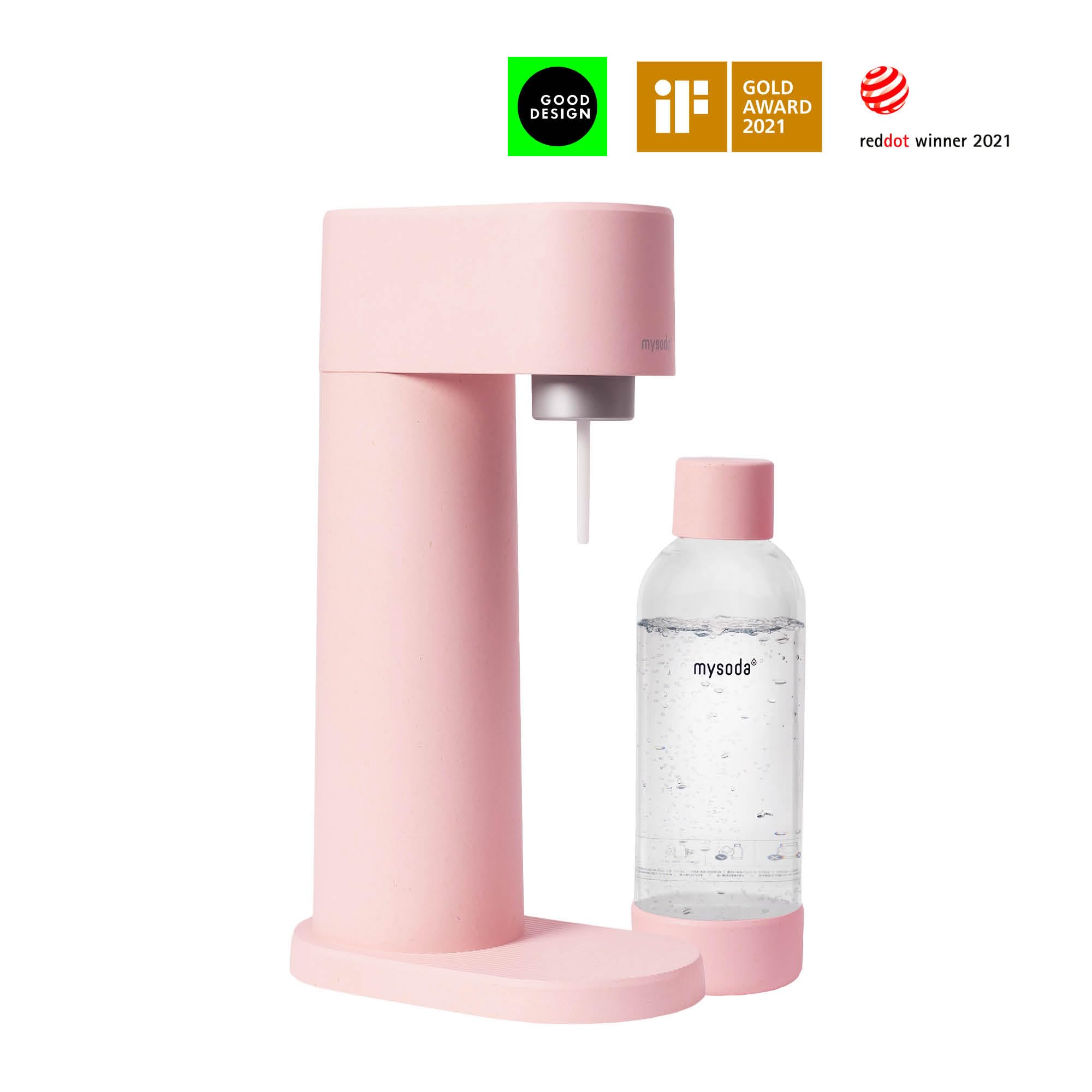 Mysoda: Woody zestaw saturatora z odnawialnego kompozytu drewnianego, z plastikową butelką Quick-Lock 1 l, bez BPA i cylindrem CO2, różowy