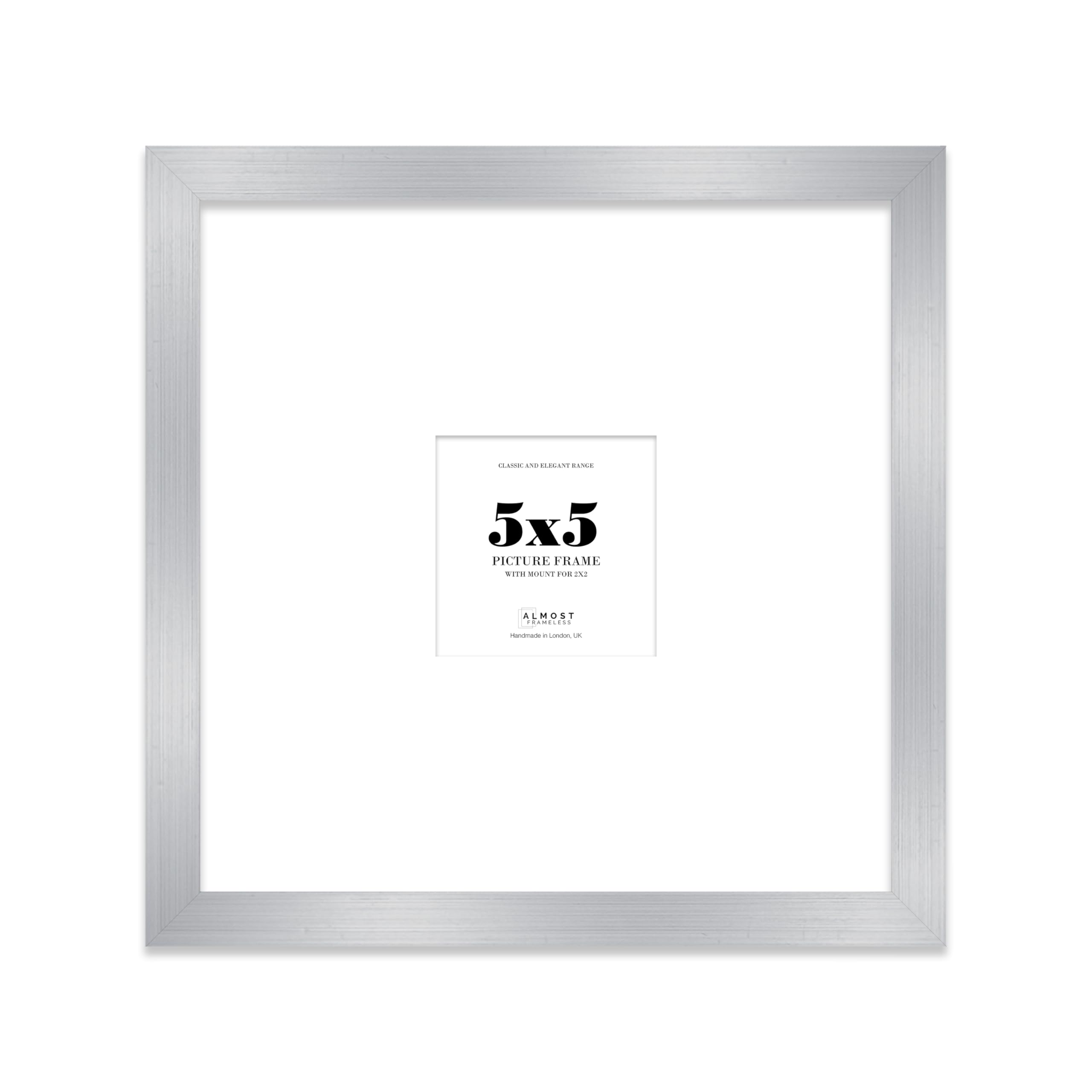 Almost Frameless 5x5 Square Picture Frame, Display Pictures 2x2 With Mat or 5x5 Without Mat, Wall Hanging & Free Standing Photo Frame, Silver, 1 Pack