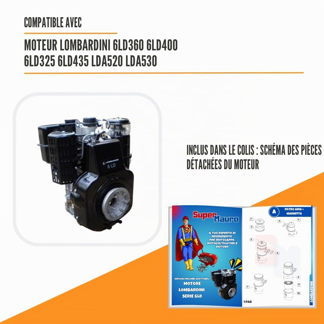 Silencieux silencieux compatible moteur Lombardini diesel modèles 6LD325 6LD360 6LD400 6LD435 LDA520 LDA530 pour motoculteur
