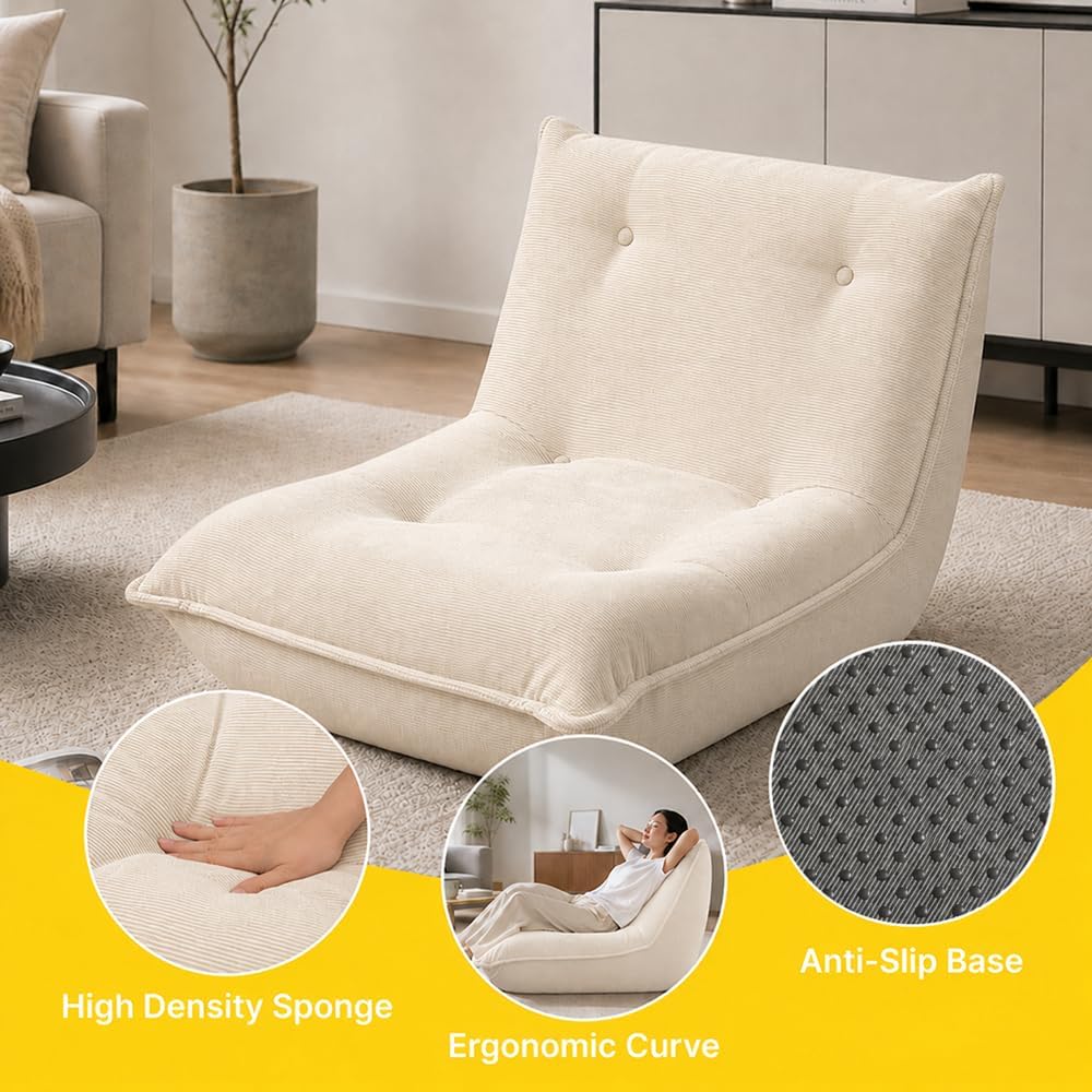 Tufted Corduroy Bean Bag Chair, Ergonomic Foam Floor Sofa, No Assembly Comfy Lazy Chair for Living Room Bedroom Dorm Game Room (White)