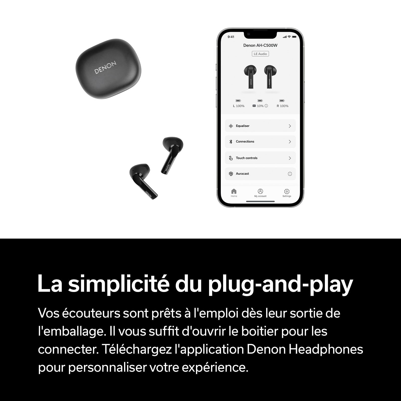 Denon AH-C500W Ecouteurs Bluetooth True Wireless Intra-Auriculaires avec Microphone Intégré, Son Supérieur, Étanchéité IPX4 - Noir