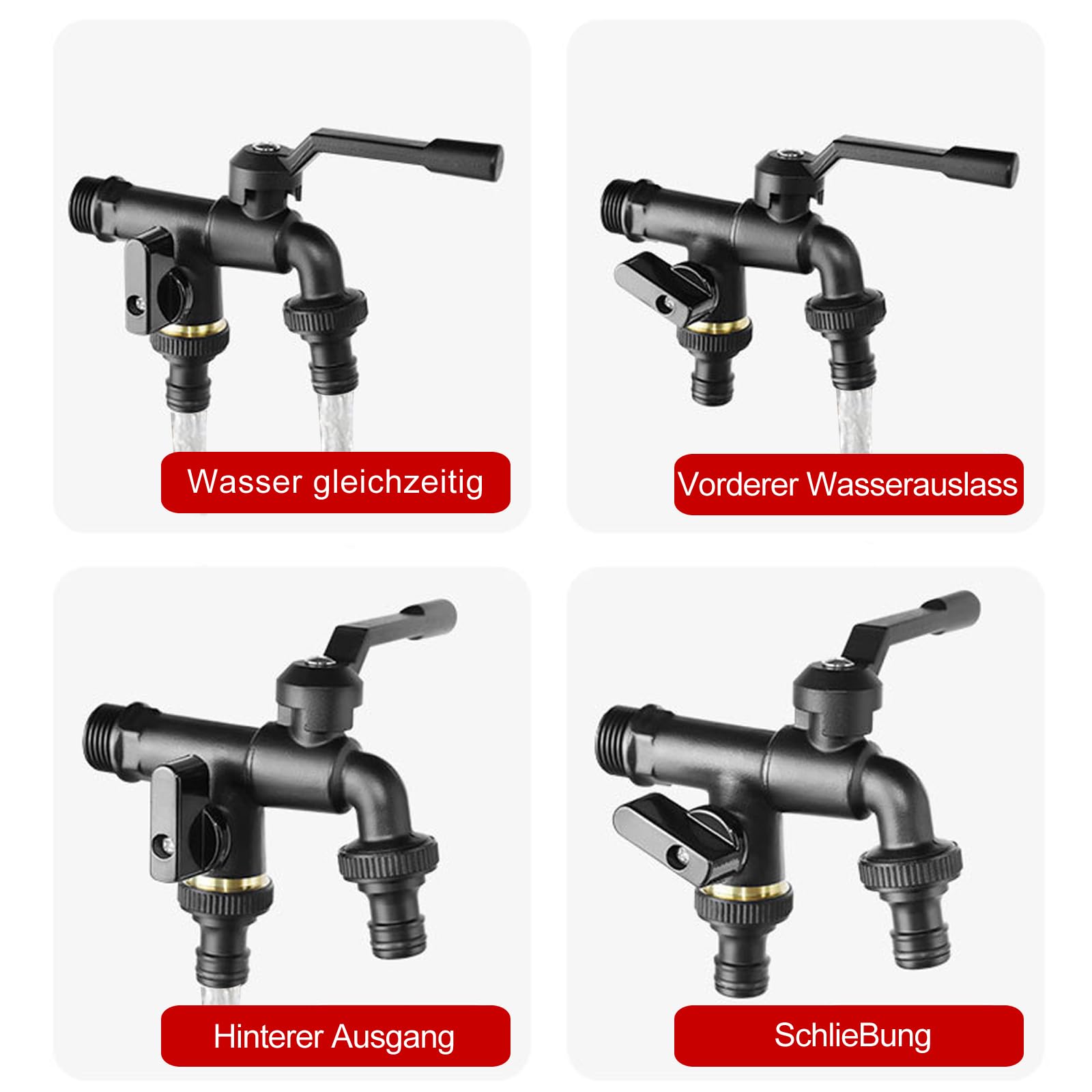 Grifo Jardin Doble, Grifo Exterior de 1/2" con 2 Salidas de 3/4", Latón Negro Anticongelante (-20ºC)＆ SIN GOTEOS, para Riego y Lavado, Negro