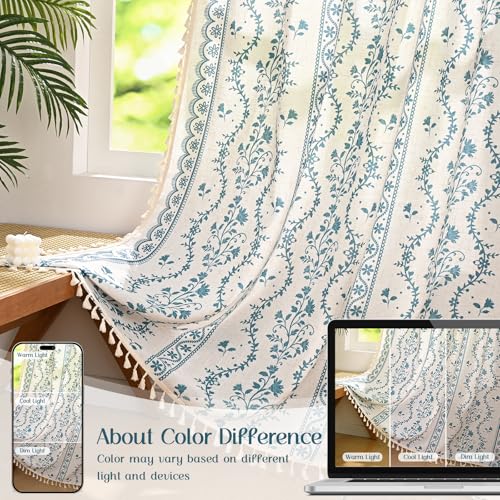 Image of Yinhua Boho Curtains for Living Room 63 Inch Length Vintage Linen Curtains for Bedroom Light Filtering Floral Window Curtain Rod Pocket & Back Tabs Rustic Tassel Drapes with Tiebacks, White Blue