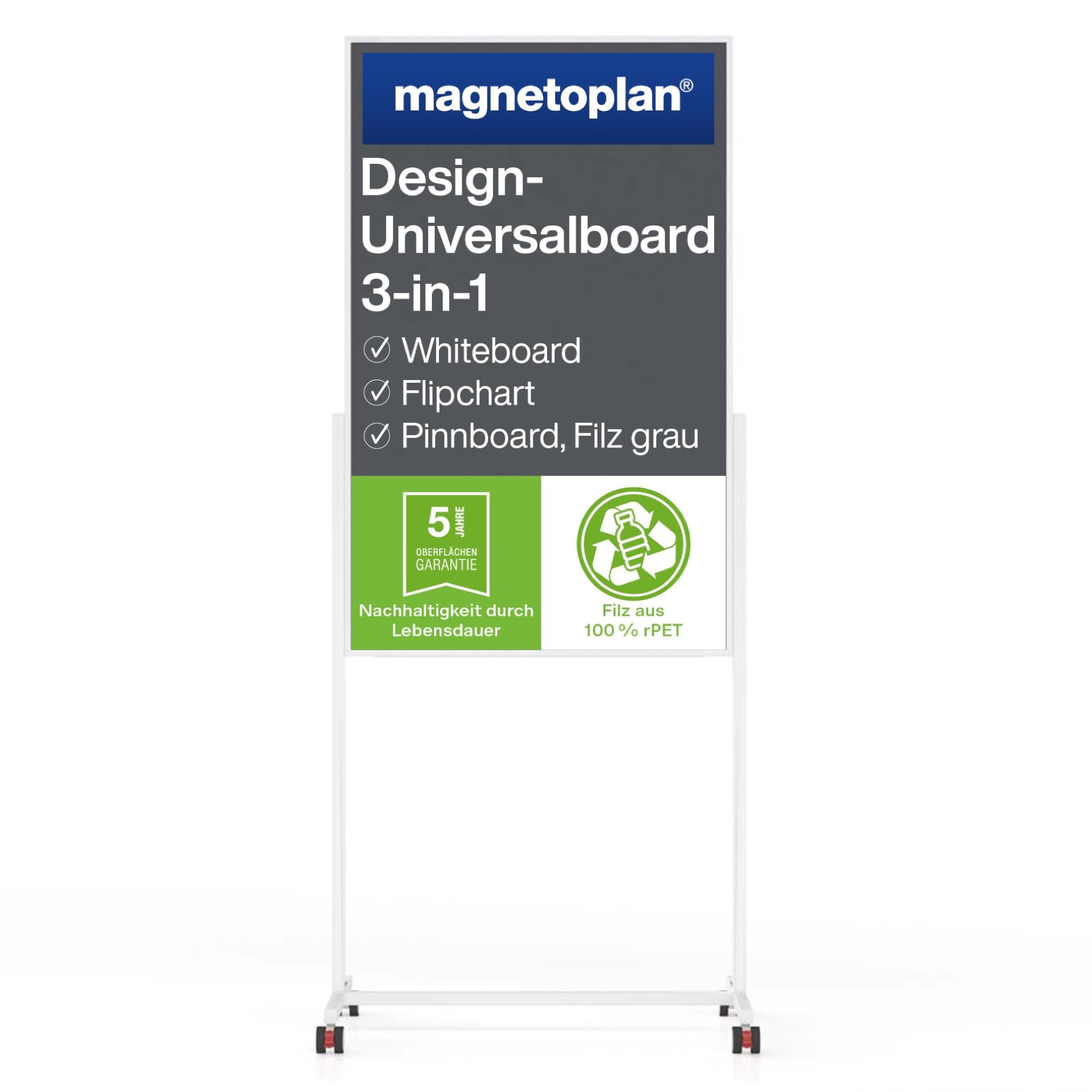 magnetoplan Design-Universalboard, 3in1, Filz grau | Whiteboard + Pinnboard | mobile Moderationswand, Flipchart + Whiteboard | BxH 750x1200mm | Für Agiles Arbeiten | Aluminium Standfüße + Rollen