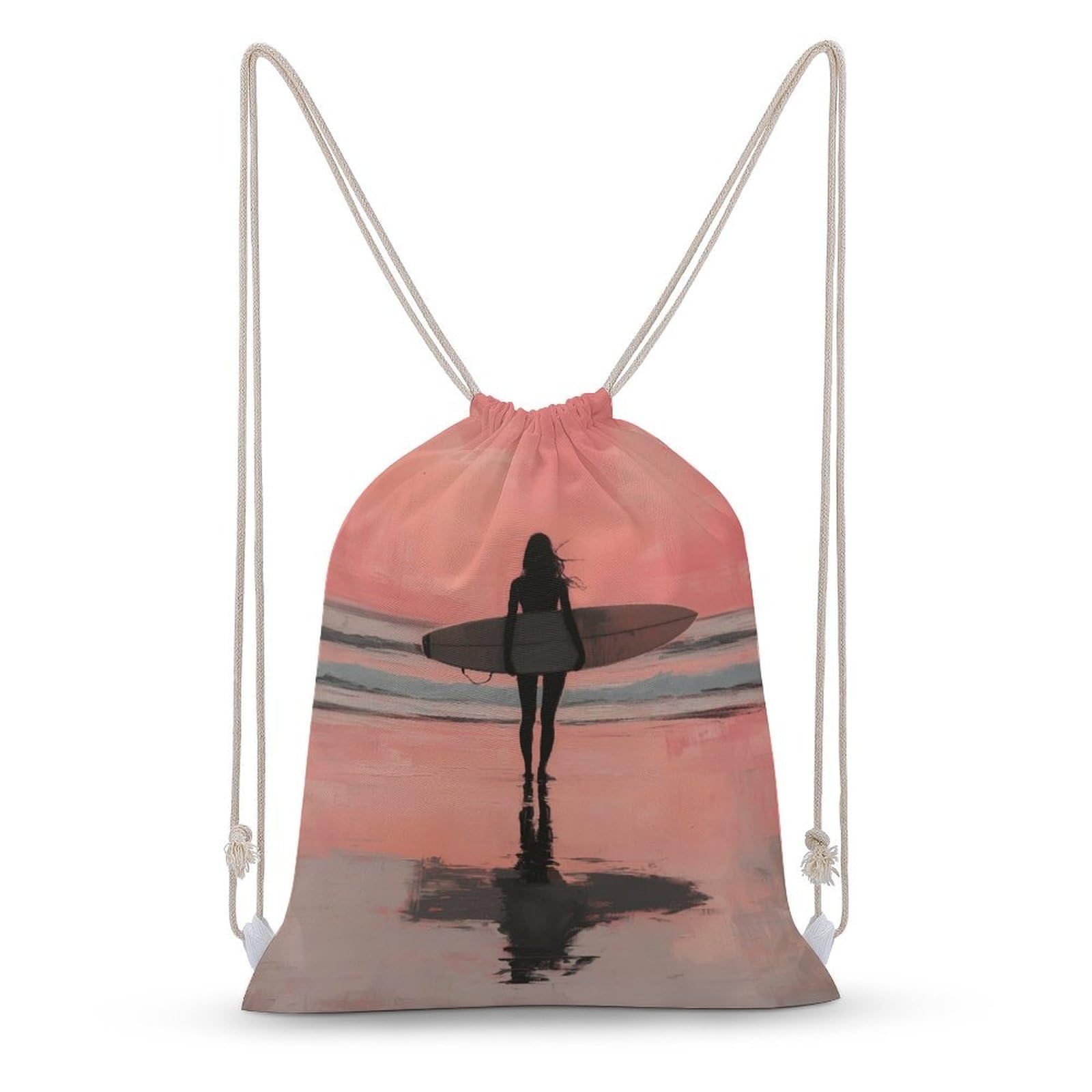 Woman with Surfboard Drawstring Backpack Canvas String Bag Lightweight Sports Gym Bag for Men Women