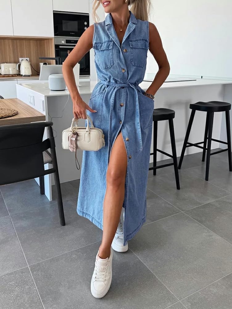 ORANDESIGNE Vestiti Jeans Donna Lunghi Estivi Vestito Jeans Lungo Senza Maniche Midi Abito Chemisier Denim Bottoni Davanti con Cintura