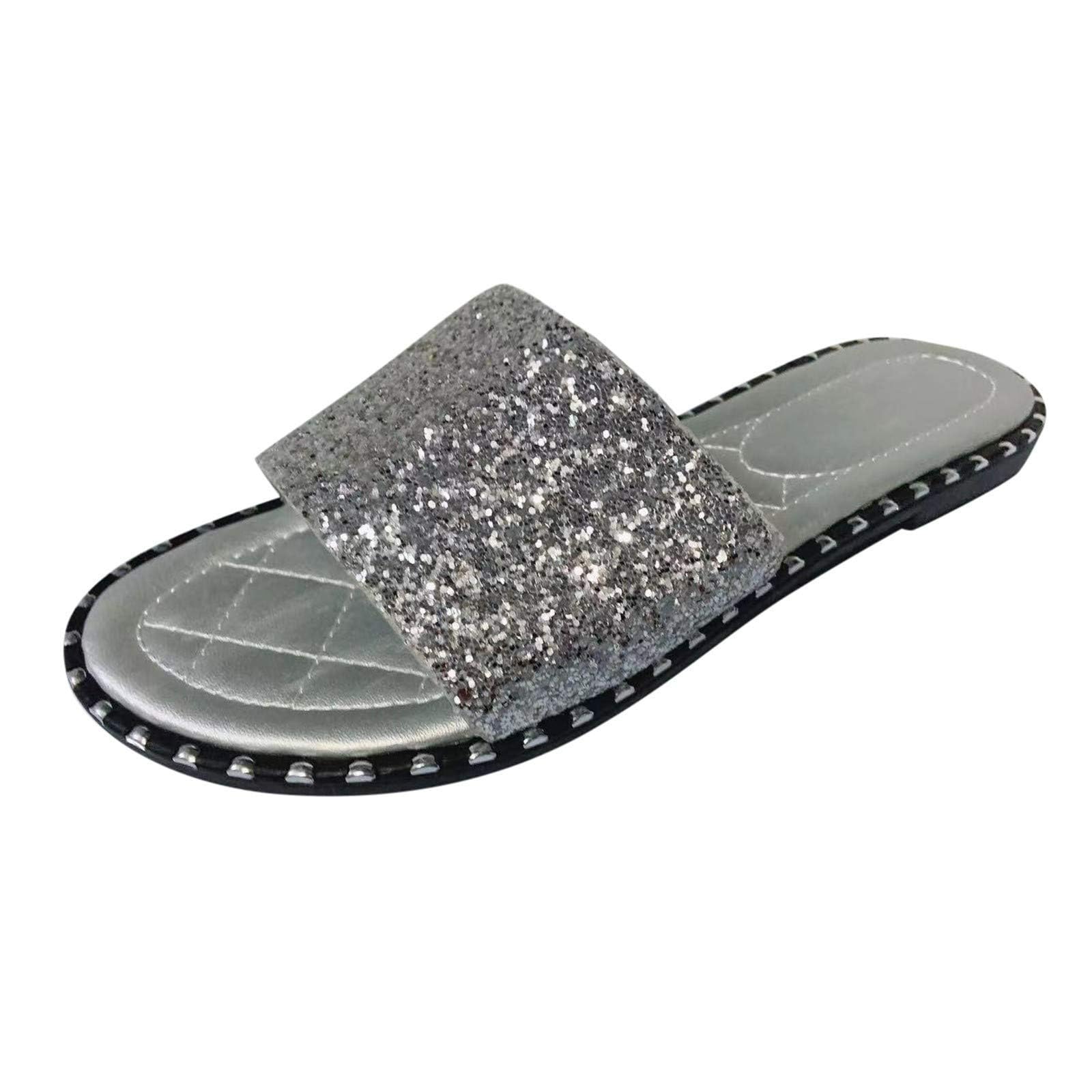 XHLEMON Women's Glitter Sandals - Open Toe Flat Summer Beach Slippers With Rhinestones