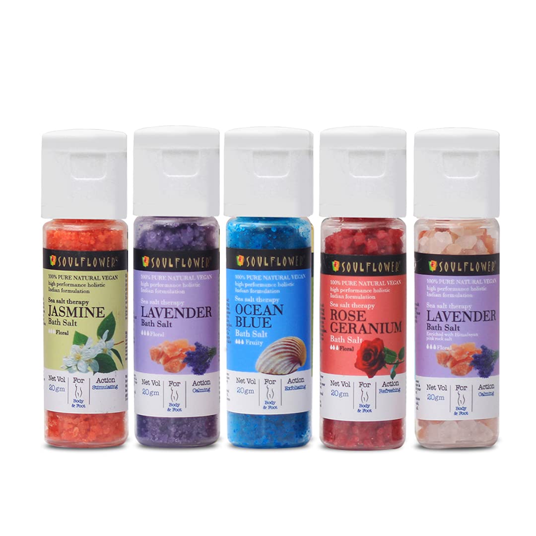 Soulflower Bath Salt Granules Combo Pack of 5 (20g Each) | Men & Women for Foot spa, Muscle Pain Relief, Relaxing, body scrub |100% Pure & Natural Sea Salt-image-10