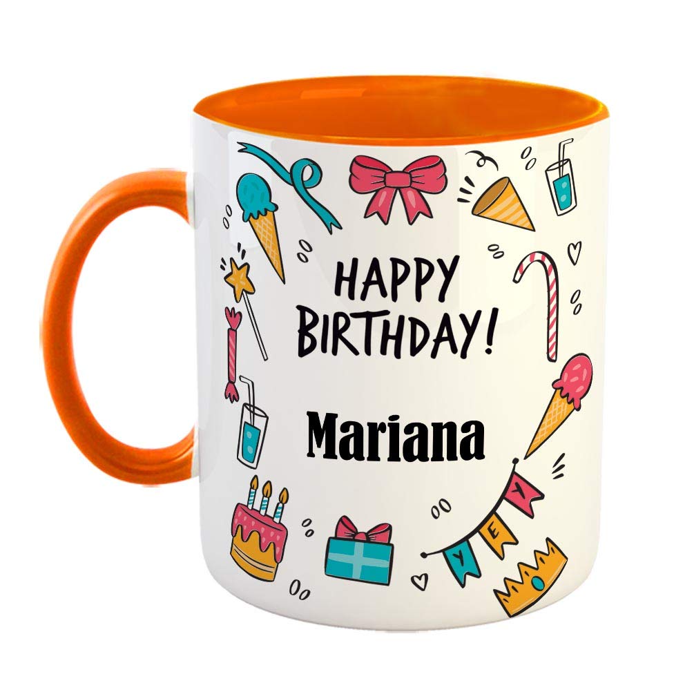 FurnishFantasy Ceramic Coffee Mug - Best Gift for Happy Birthday Mug , Color - Orange, Name - Mariana